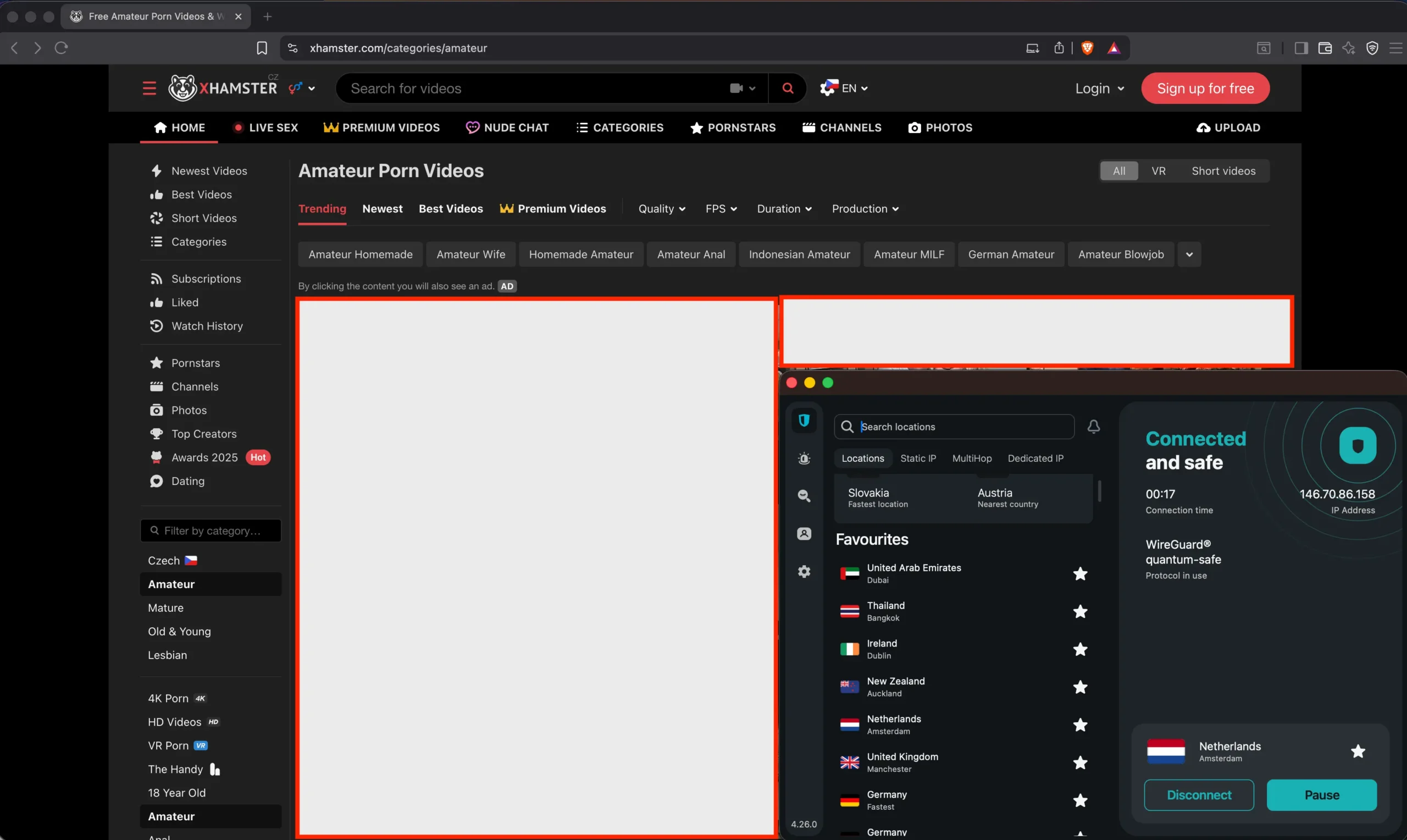 Xhamster unblock in UAE with SurfShark | Venclikovi.com Surfshark connected and safe screen while browsing xHamster category page from UAE using VPN protection