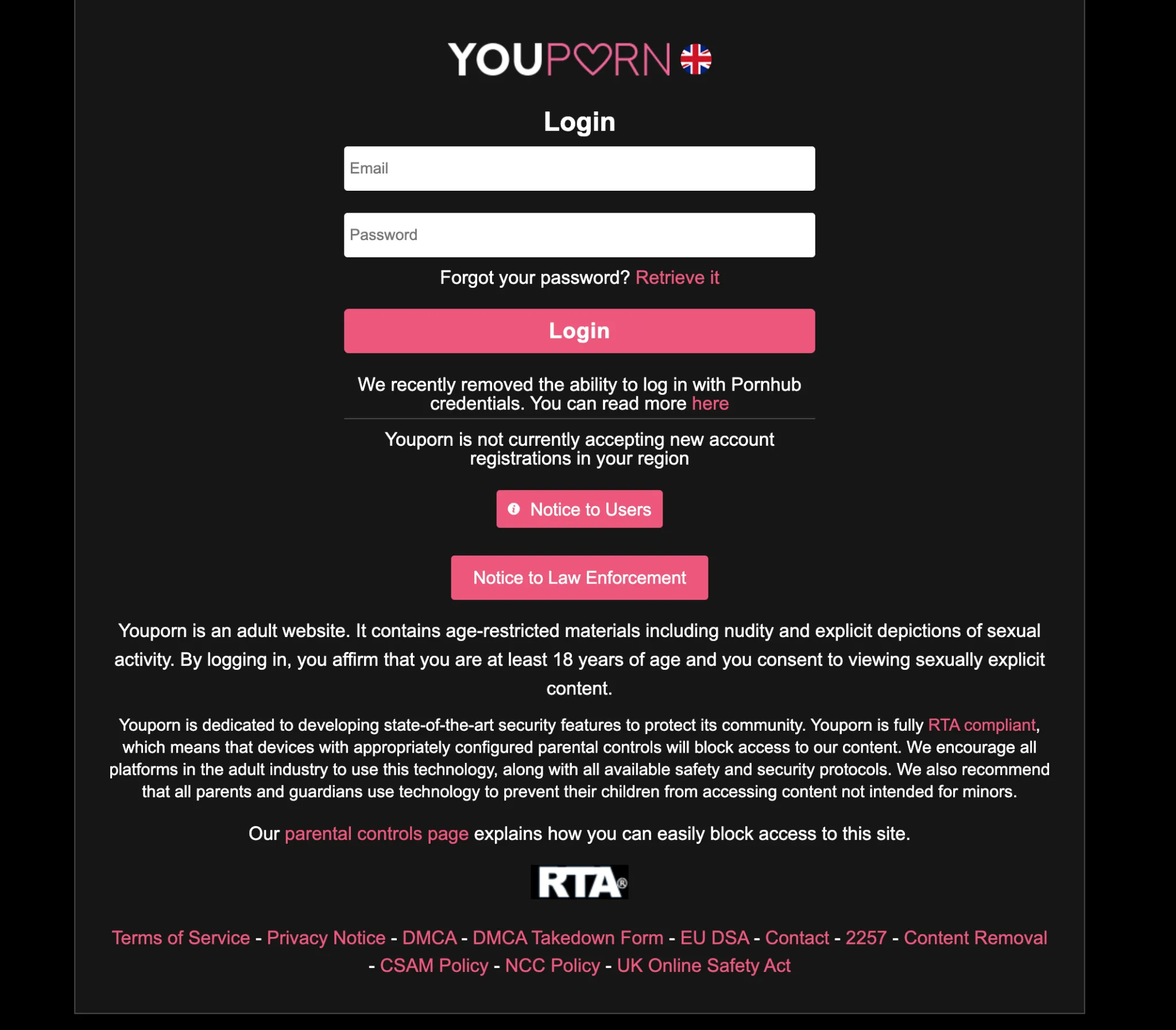 YouPorn UK Login Restriction | Venclikovi.com YouPorn login page displaying a notice that new registrations are restricted in the user’s region.
