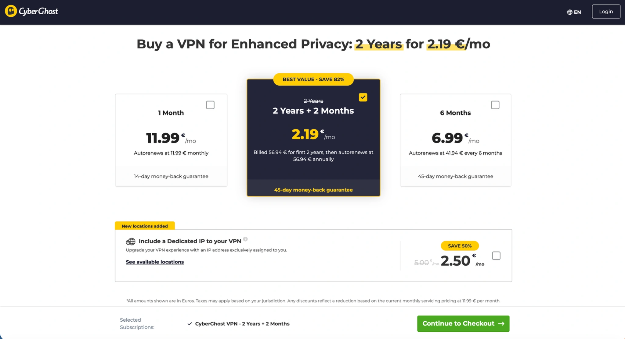 cyberghost-pricing-plans-2026 | Venclikovi.com A 2026 pricing table for CyberGhost VPN, highlighting the long-term 2-year plan as the best value option at roughly