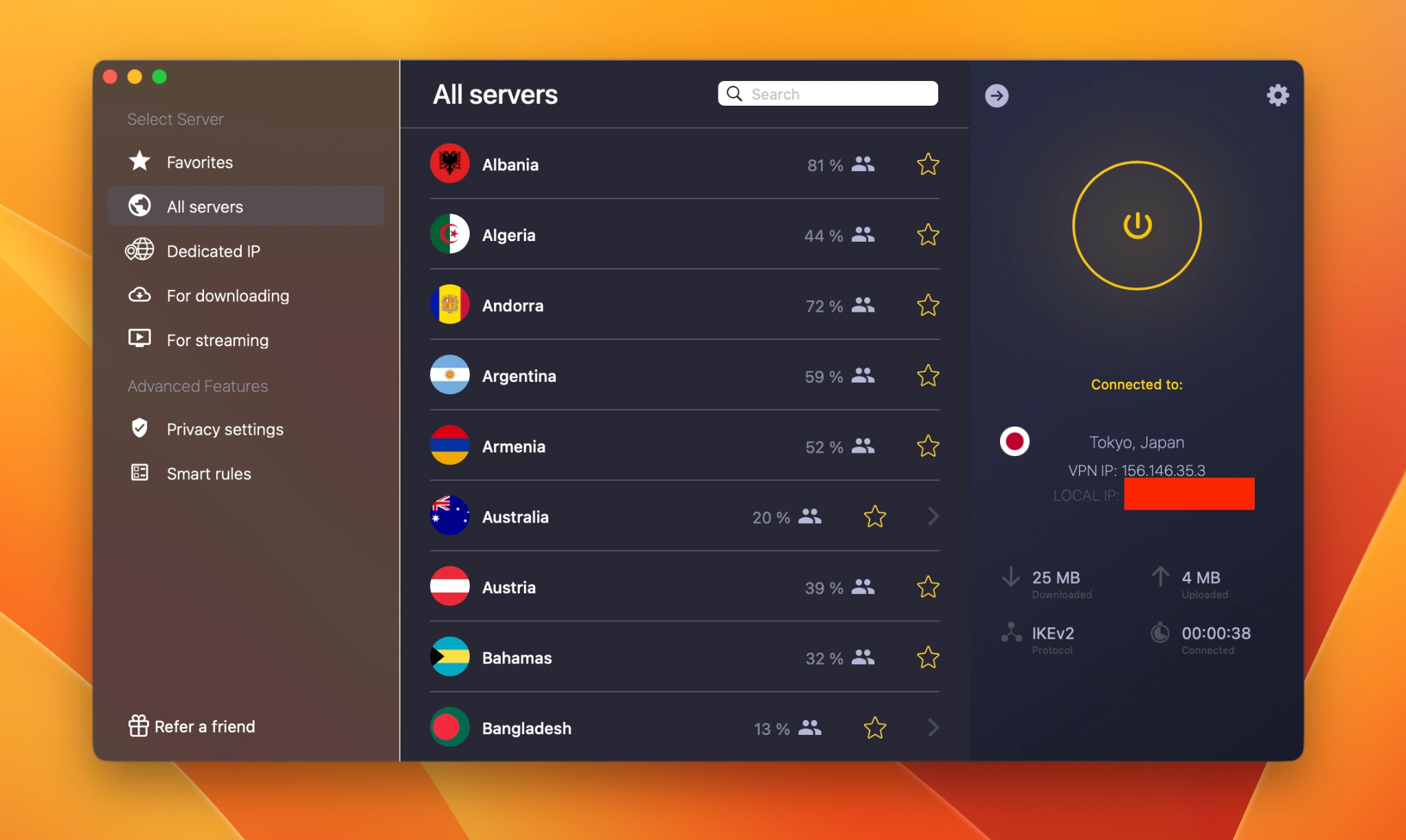 cyberghost-server-list-connected-japan | Venclikovi.com The CyberGhost VPN desktop app interface in 2026, showing a successful and secure connection to a physical server located in Tokyo, Japan.