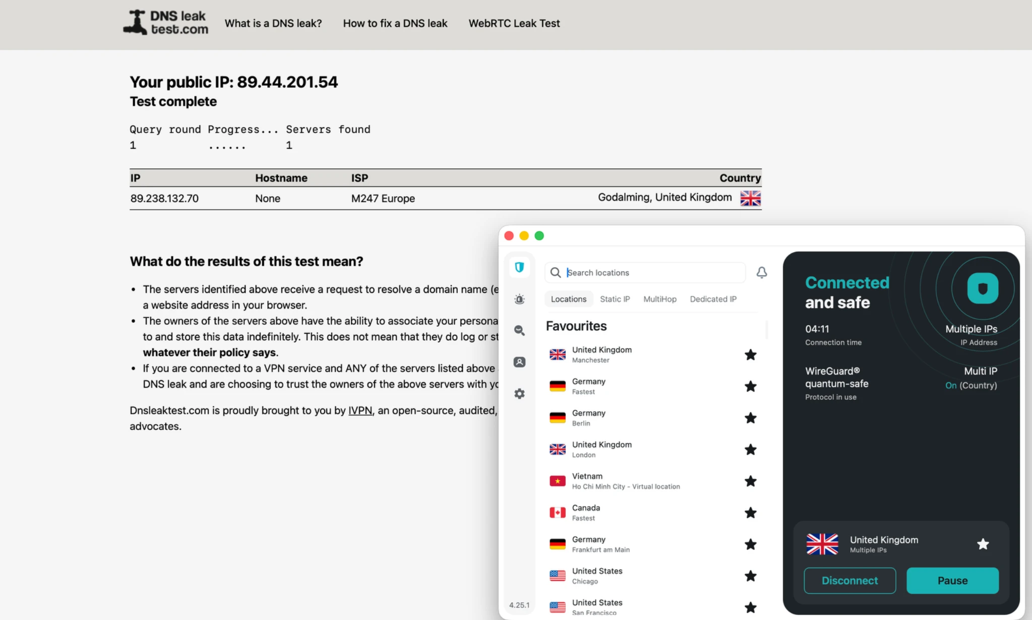dns-leak-test-uk-surfshark | Venclikovi.com Results from a DNS leak test showing only Surfshark UK server addresses and no exposure of the original Virgin Media ISP details.