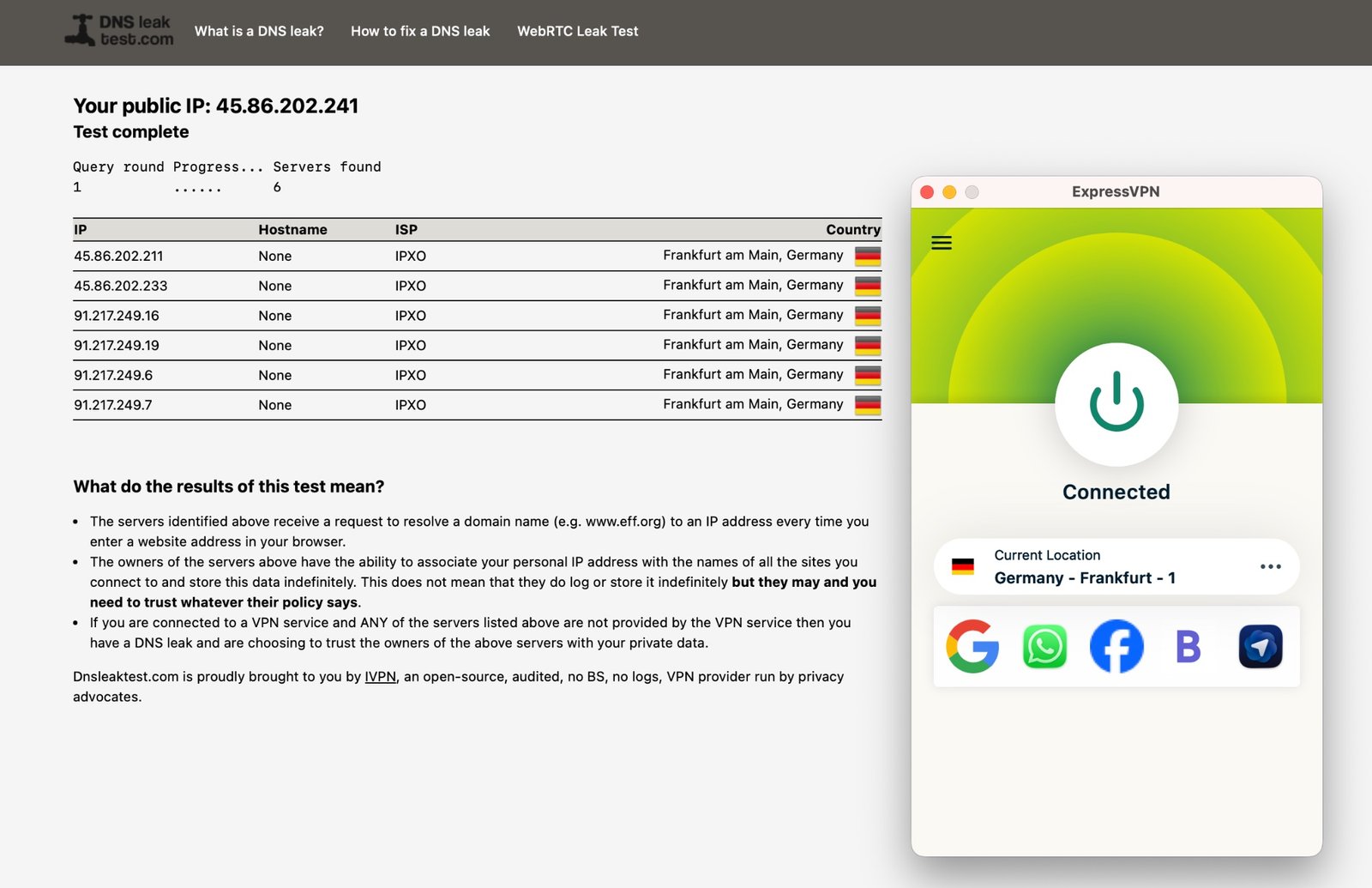 expressvpn-dns-leak-test-no-leak | Venclikovi.com DNS leak test with ExpressVPN active. All DNS servers resolve through Frankfurt, Germany — no real IP or ISP visible. No leak detected. Tested February 2026