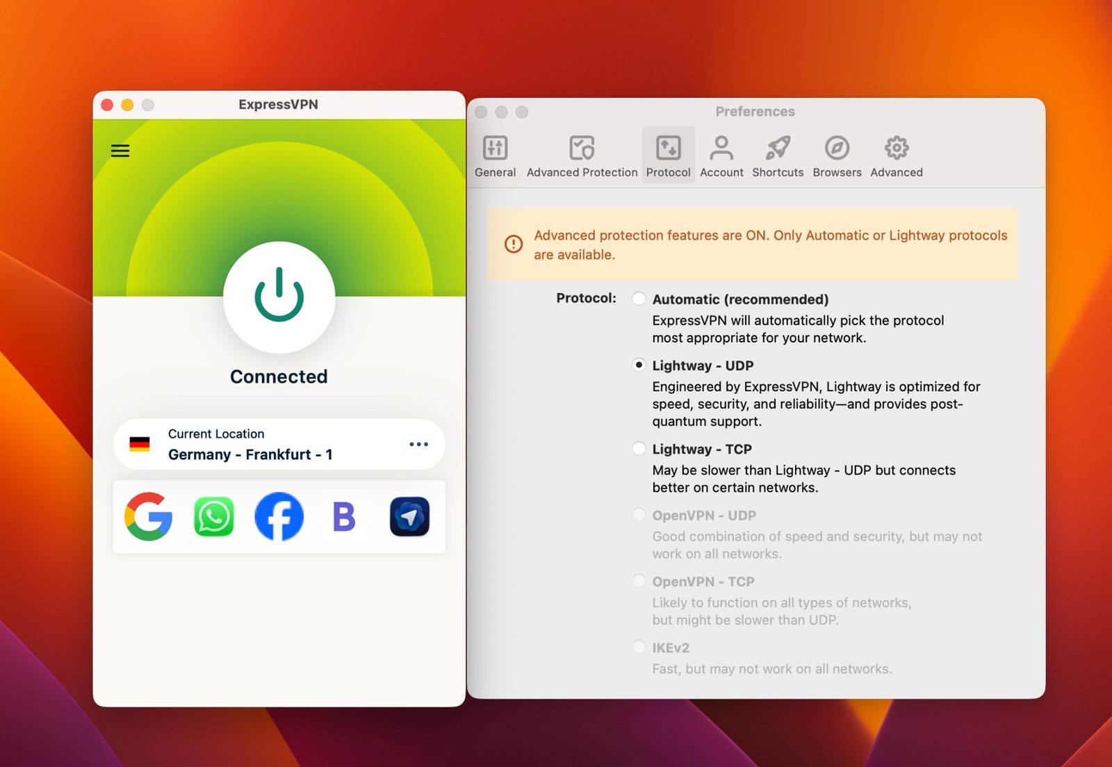 expressvpn-lightway-tcp-protocol-settings | Venclikovi.com ExpressVPN Preferences → Protocol. Lightway UDP selected by default. Switch to Lightway TCP for maximum reliability on restricted networks like Pakistan's. Tested February 2026.