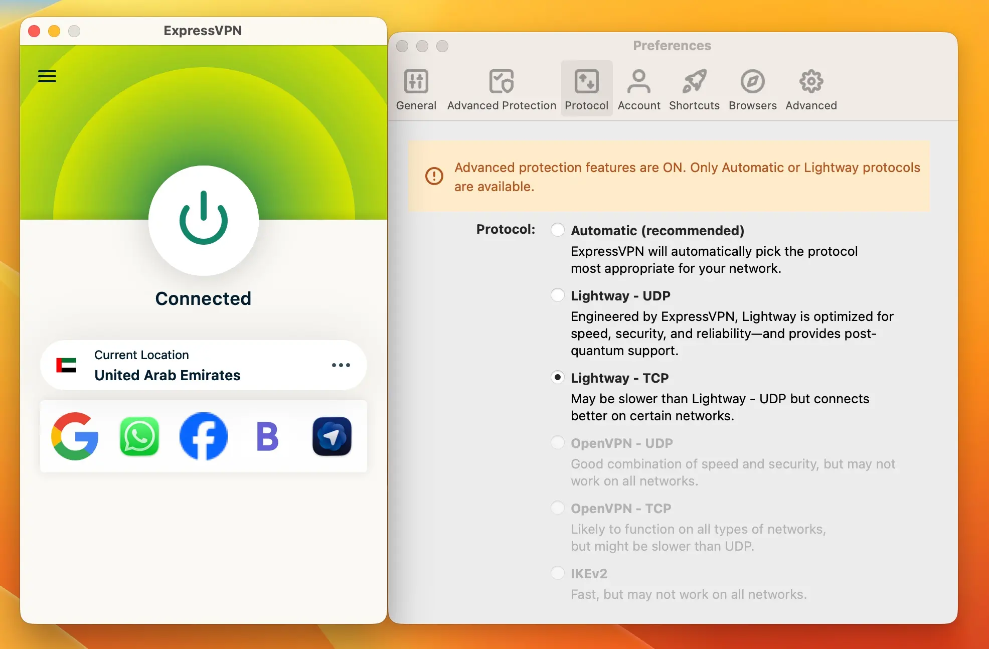 expressvpn-lightway-tcp-protocol-uae | Venclikovi.com ExpressVPN Preferences → Protocol → Lightway TCP selected. With Advanced Protection enabled, only Automatic or Lightway protocols are available — this is the setting that bypasses Etisalat and Du DPI automatically.