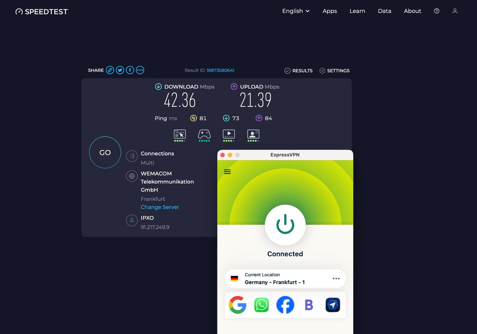 expressvpn-speed-test-frankfurt | Venclikovi.com ExpressVPN connected to Germany – Frankfurt 1. Speed test: 42.36 Mbps download, 21.39 Mbps upload, ping 81ms. Tested from Prague, February 2026.