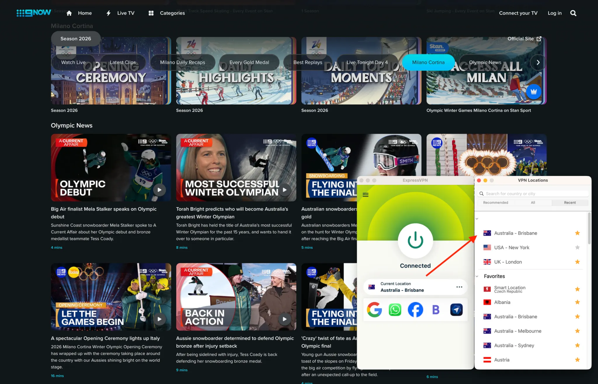 expressvpn-streaming-9now | Venclikovi.com Screenshot of ExpressVPN connected to Brisbane, unlocking 9Now’s Winter Olympics 2026 coverage in Australia