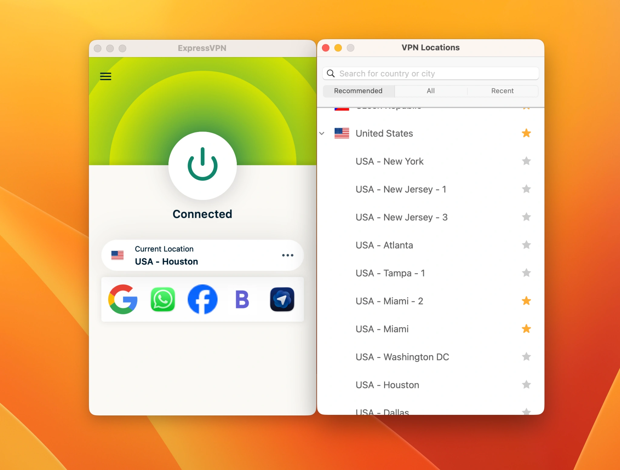 expressvpn-us-servers-houston-connected-overview-01 | Venclikovi.com ExpressVPN desktop app connected to a Houston server showing the full list of available U.S. VPN locations across multiple states.