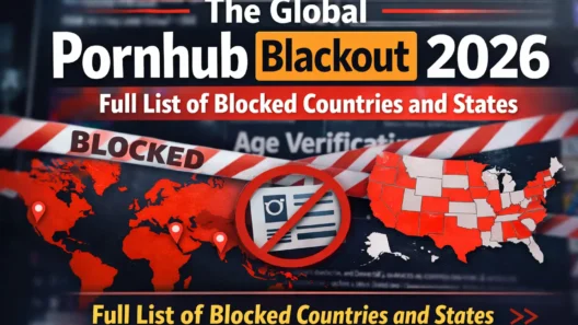 Header image showing the 2026 Pornhub blackout with red blocked tape, a banned symbol over ID verification, and maps of the U.S. and world with restricted areas highlighted.