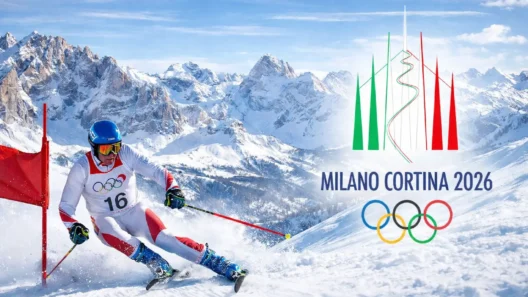 Alpine skier racing downhill in the Italian Alps during the Milano Cortina 2026 Winter Olympics