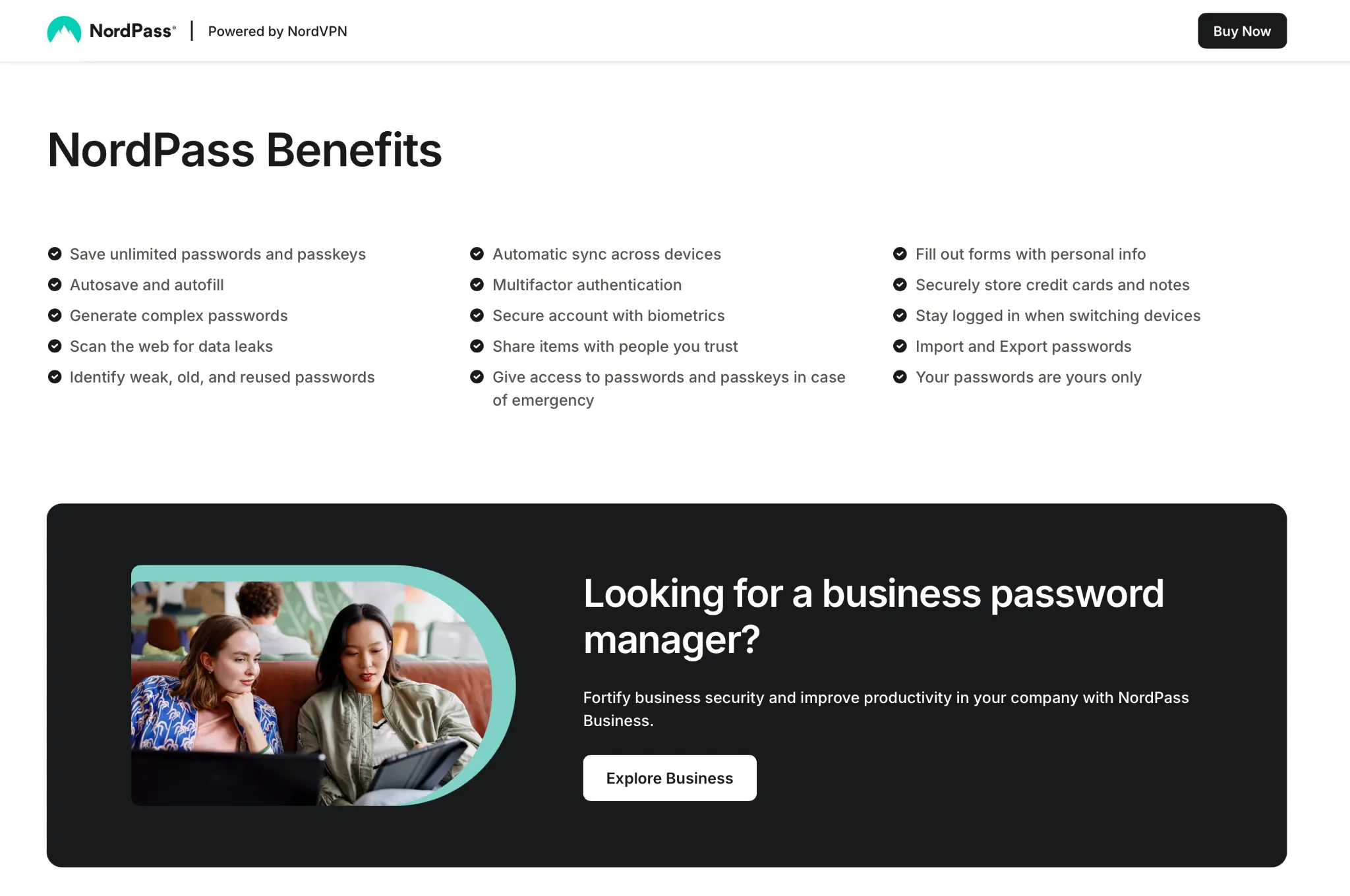 nordpass-features-and-benefits | Venclikovi.com NordPass feature list showcasing password security, data breach scanner, autosave, autofill, and device syncing