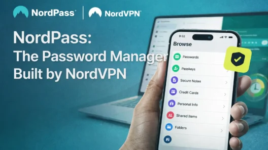 Hand holding a smartphone with NordPass password manager open, showing secure categories like passwords, notes, and credit cards with NordVPN branding in the background