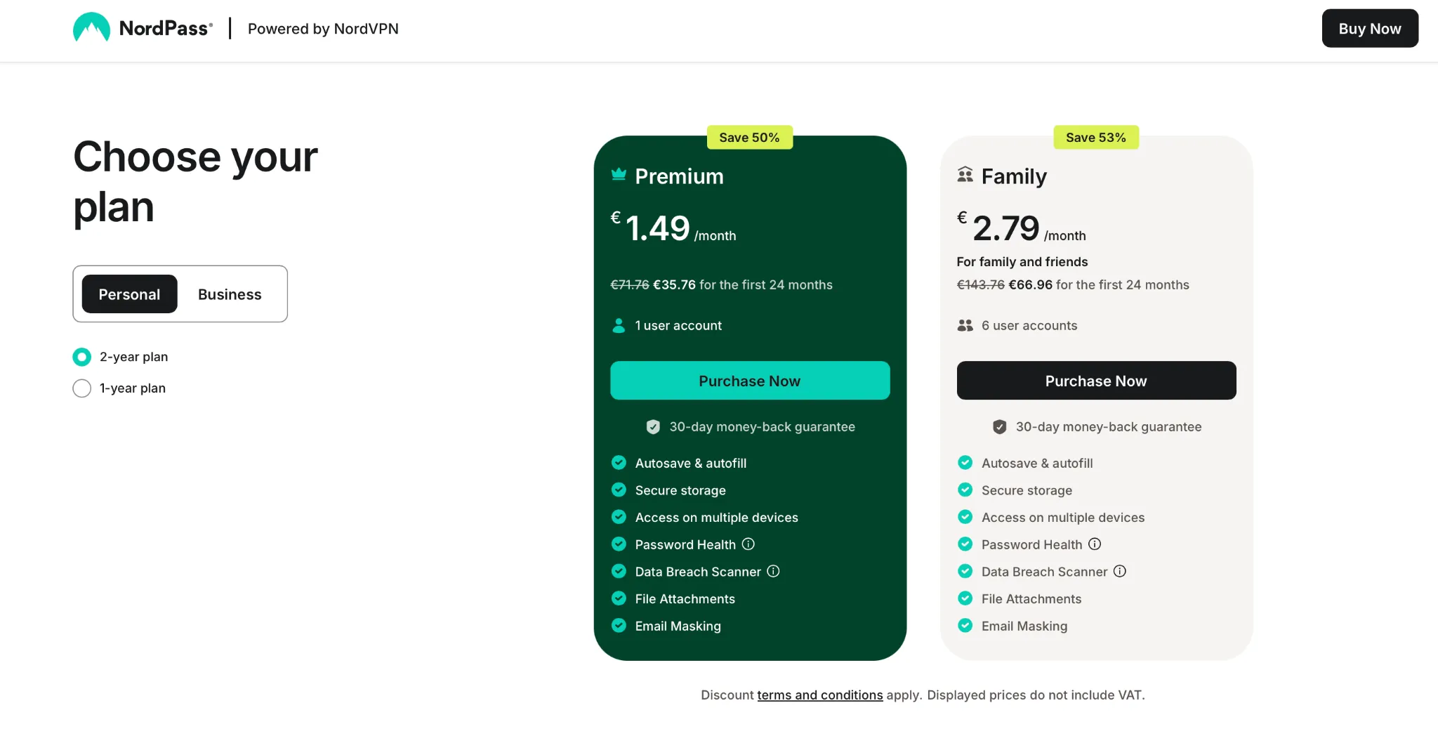nordpass-pricing-plans-2026 | Venclikovi.com NordPass pricing comparison for Premium and Family plans with 2-year discounts