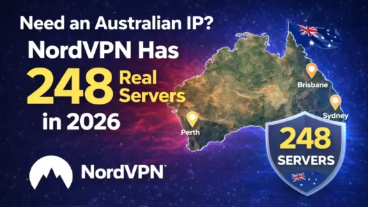 Promotional graphic showing NordVPN’s 248 real Australian servers in 2026, with map pins in Sydney, Brisbane, and Perth, and the Australian flag in the background.