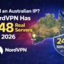 Promotional graphic showing NordVPN’s 248 real Australian servers in 2026, with map pins in Sydney, Brisbane, and Perth, and the Australian flag in the background.