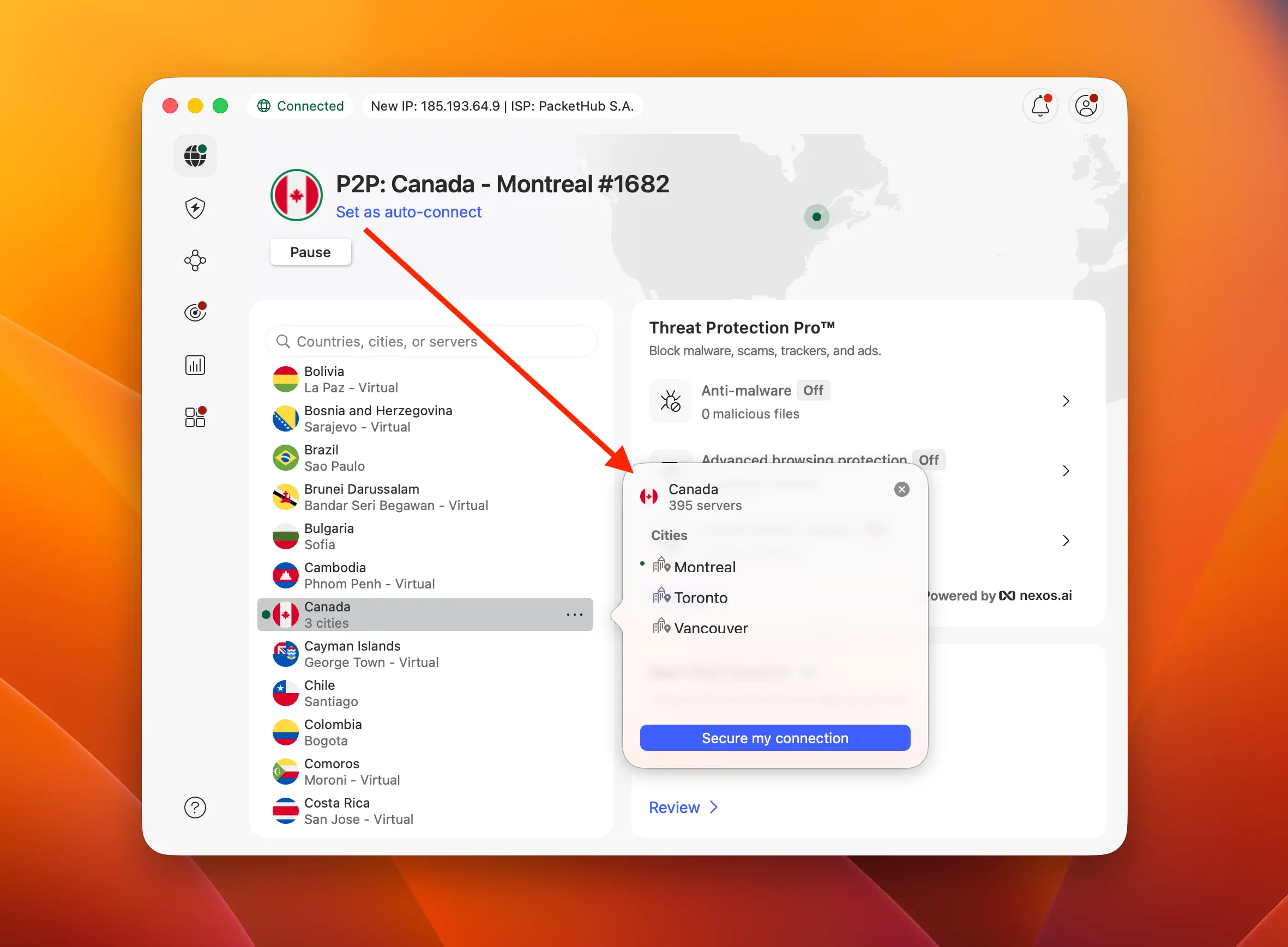 nordvpn-canada-montreal-server-setup | Venclikovi.com NordVPN app showing connection to a Canadian server in Montreal for Olympic streaming