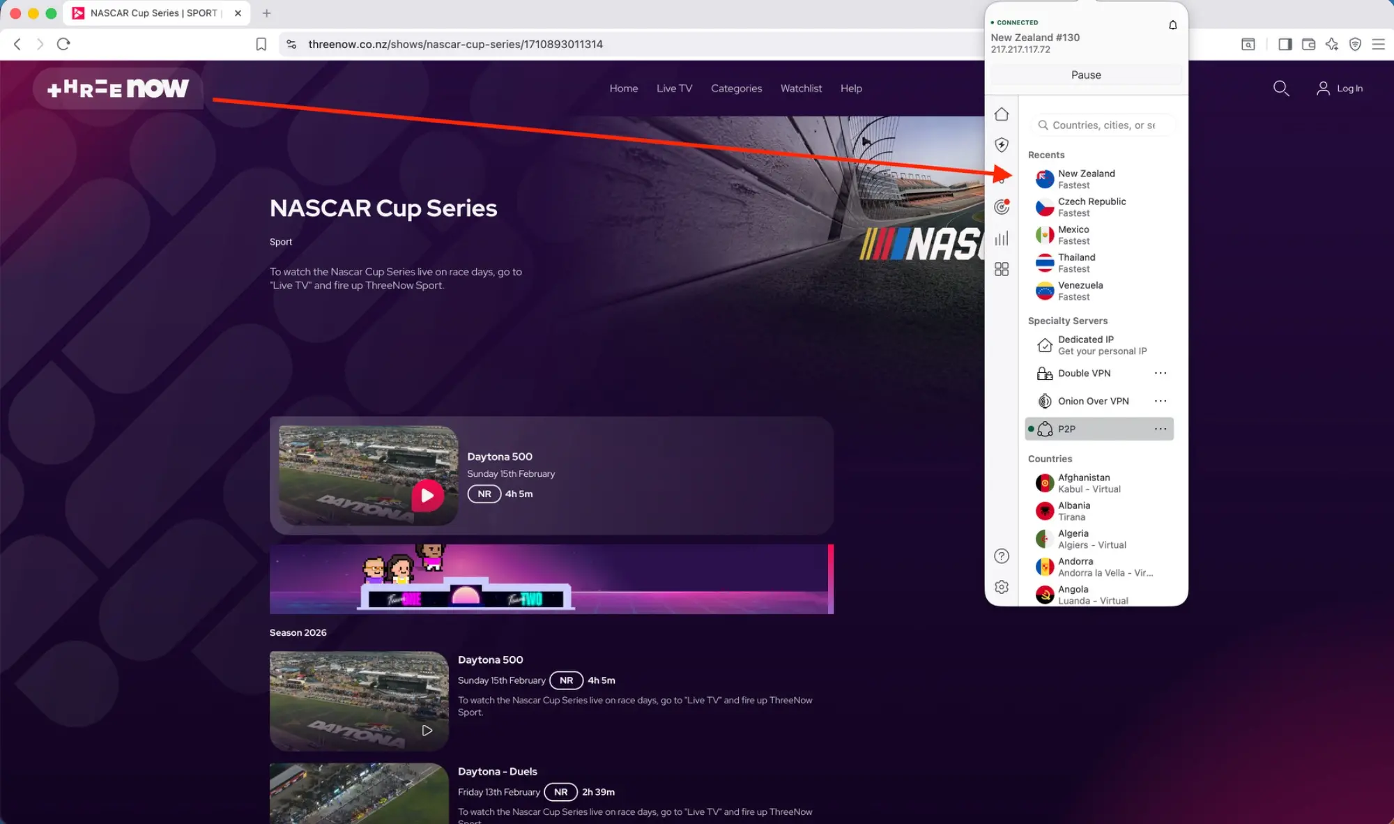 nordvpn-connected-new-zealand-nascar-streaming | Venclikovi.com ThreeNow NASCAR Cup Series 2026 with NordVPN connected to New Zealand server