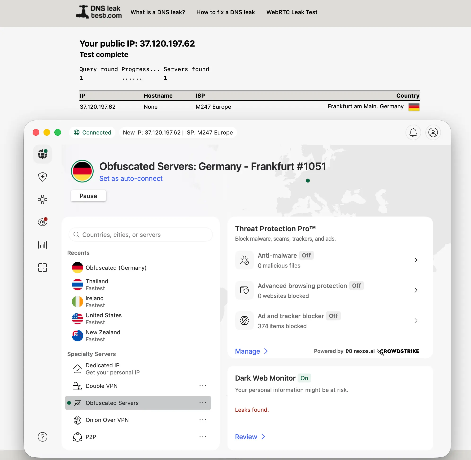 nordvpn-dns-leak-test-no-leak | Venclikovi.com DNS leak test with NordVPN Obfuscated Server active (Germany – Frankfurt #1048). Single DNS server via M247 Europe, Frankfurt — no real IP visible. Dark Web Monitor confirms "No leaks." Tested February 2026