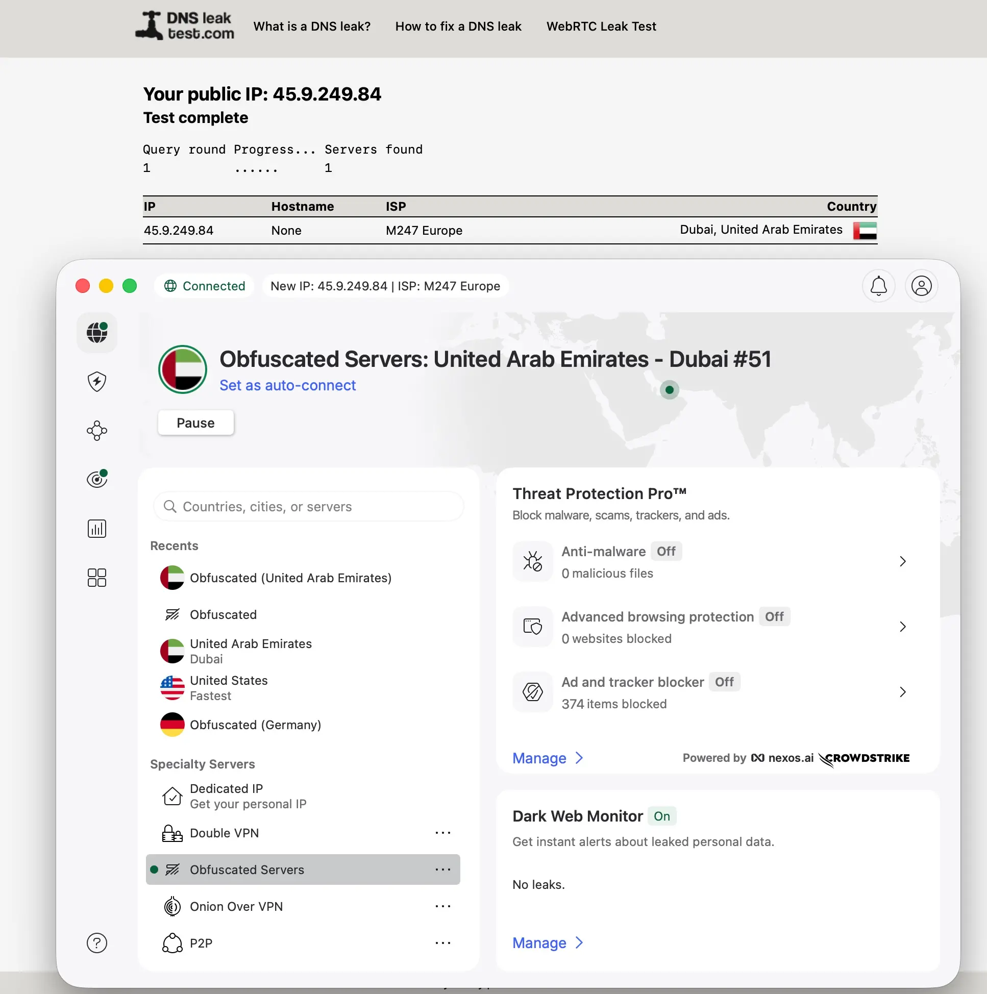 nordvpn-obfuscated-server-dubai-dns-leak | Venclikovi.com DNS leak test with NordVPN Obfuscated Server Dubai #51. Single DNS entry: 45.9.249.84, M247 Europe, Dubai United Arab Emirates. No home IP, no ISP data exposed.