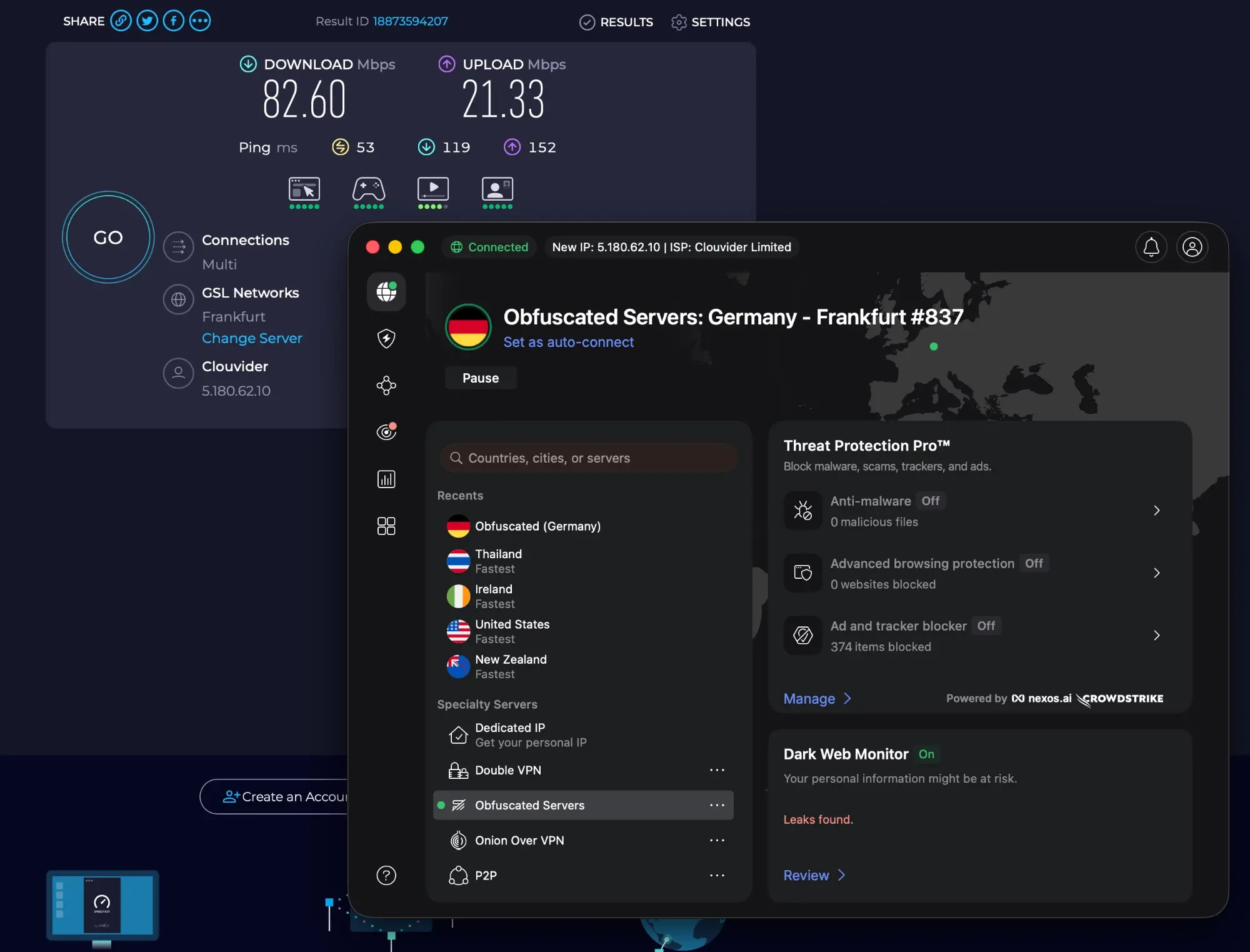 nordvpn-obfuscated-server-speed-test-frankfurt | Venclikovi.com NordVPN connected to Obfuscated Servers: Germany – Frankfurt #837. Speed test: 82.60 Mbps download, 21.33 Mbps upload, ping 53ms. Tested from Prague, February 2026.