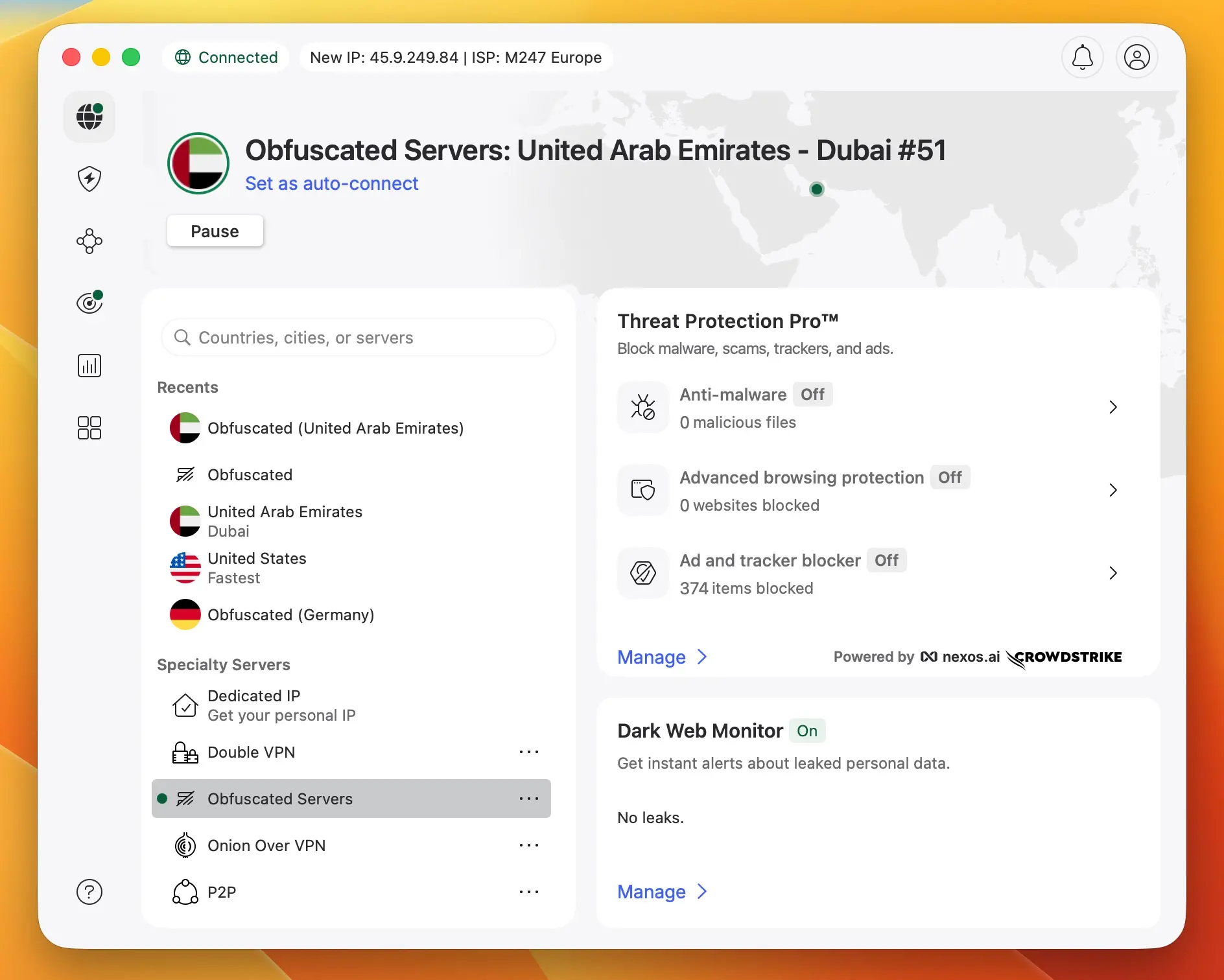 nordvpn-obfuscated-servers-dubai-uae | Venclikovi.com NordVPN connected to Obfuscated Servers: United Arab Emirates — Dubai #51 (45.9.249.84). Specialty Servers menu visible on the left. Dark Web Monitor confirms: No leaks. Tested February 2026.