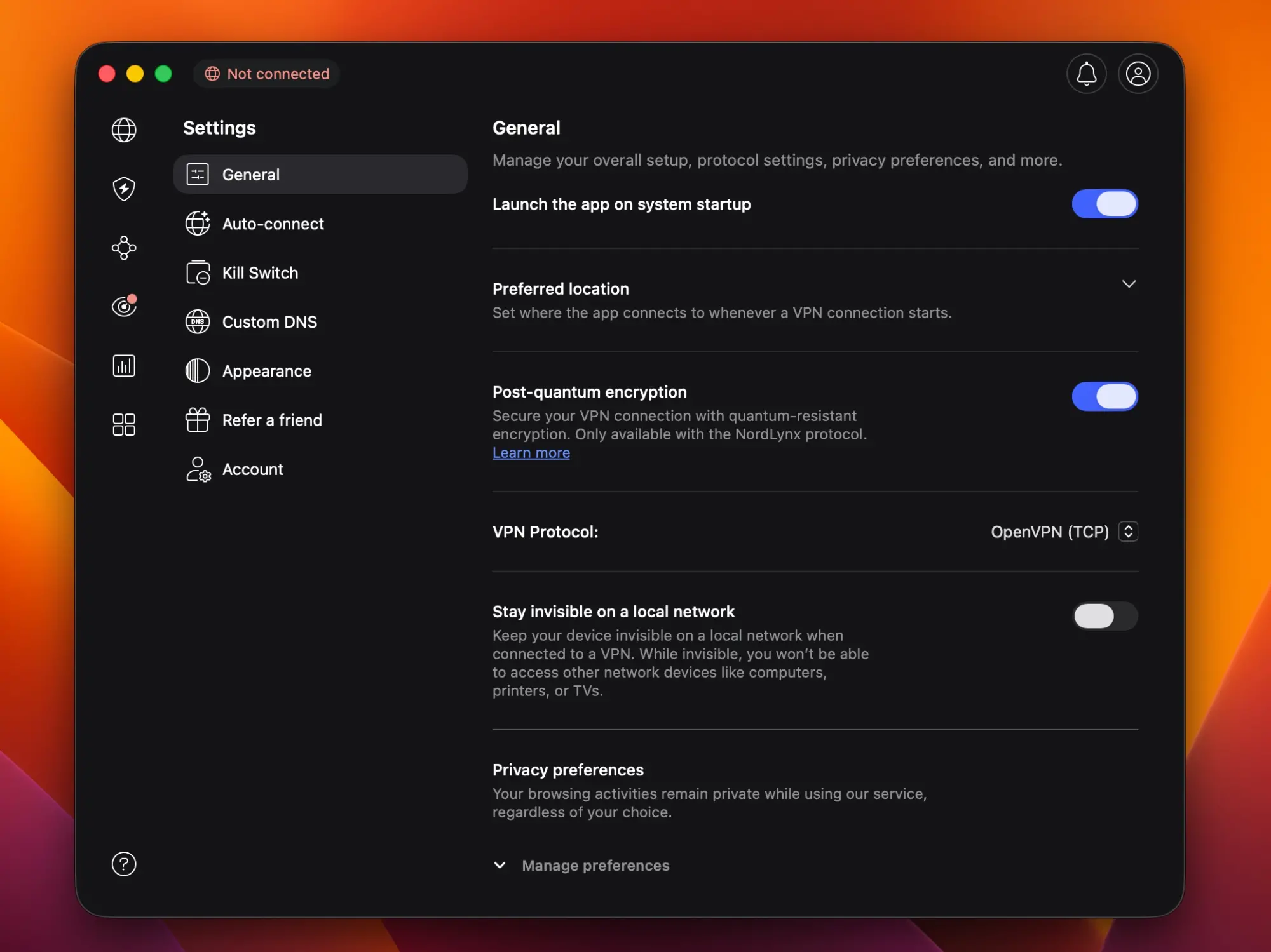 nordvpn-openvpn-tcp-obfuscated-servers-settings | Venclikovi.com NordVPN Settings → General. VPN Protocol set to OpenVPN (TCP) — required to access obfuscated servers. Post-quantum encryption enabled. February 2026