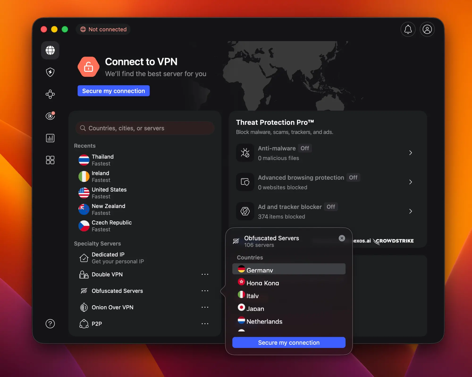 nordvpn-specialty-servers-obfuscated-menu | Venclikovi.com NordVPN main screen showing Specialty Servers section with Obfuscated Servers expanded. 106 obfuscated servers available across Germany, Hong Kong, Italy, Japan, Netherlands and more. Select Germany or Netherlands for lowest latency from Pakistan.
