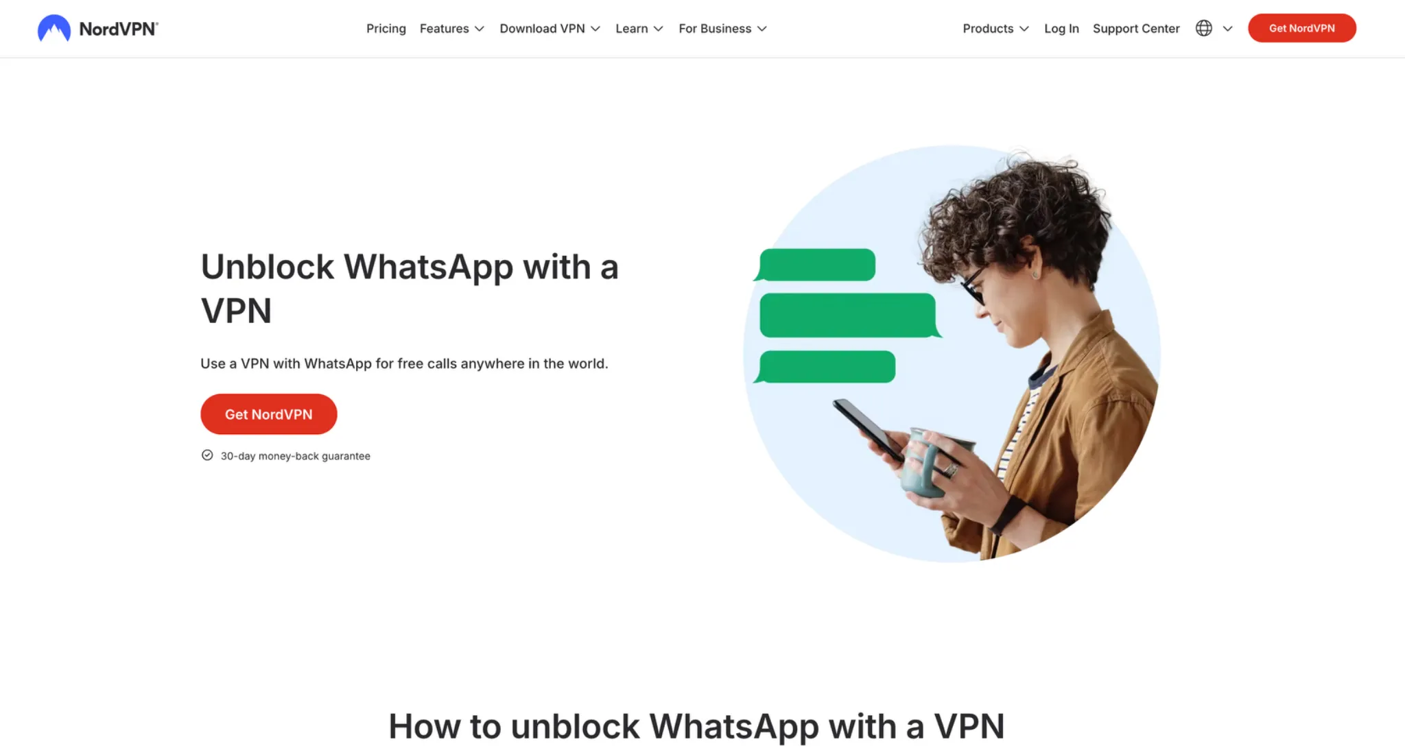 nordvpn-unblock-whatsapp | Venclikovi.com NordVPN homepage showing how to unblock WhatsApp with a VPN for calls and messages worldwide