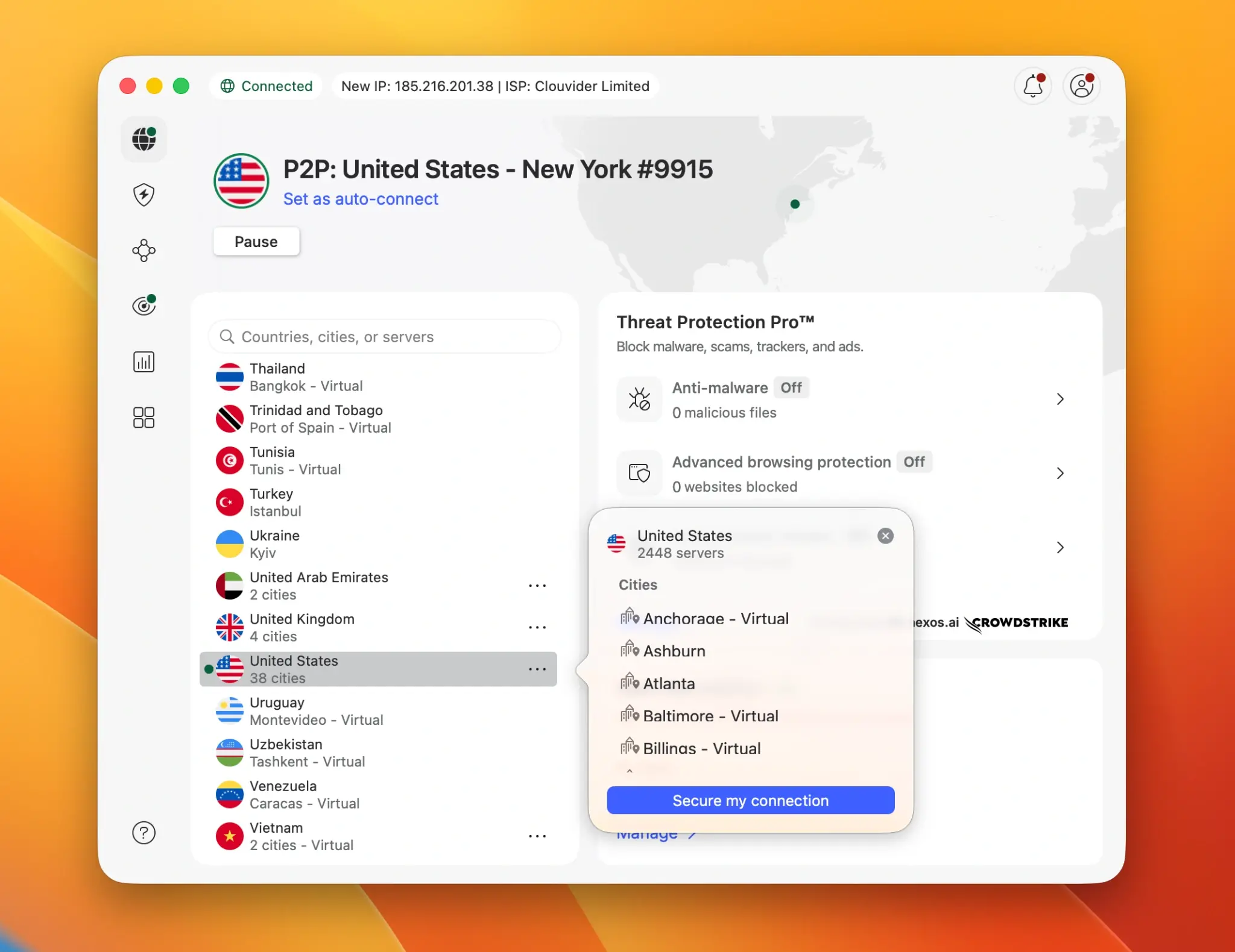 nordvpn-us-server-list-interface | Venclikovi.com NordVPN app showing United States server locations across 38 cities with 2448 servers available for US IP connection