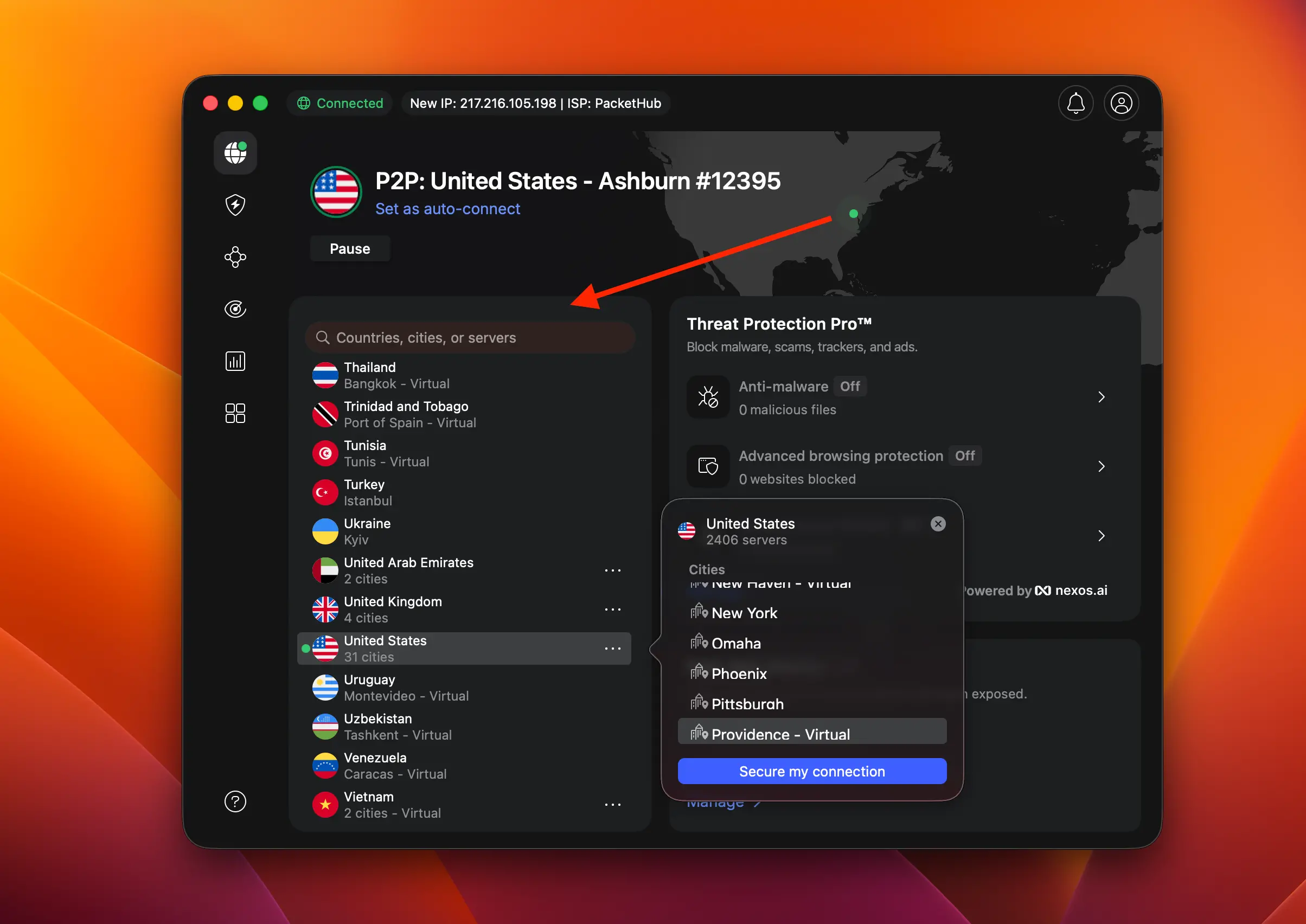 nordvpn-us-servers-ashburn-virtual-2026 | Venclikovi.com NordVPN connected to United States Ashburn server with virtual city options