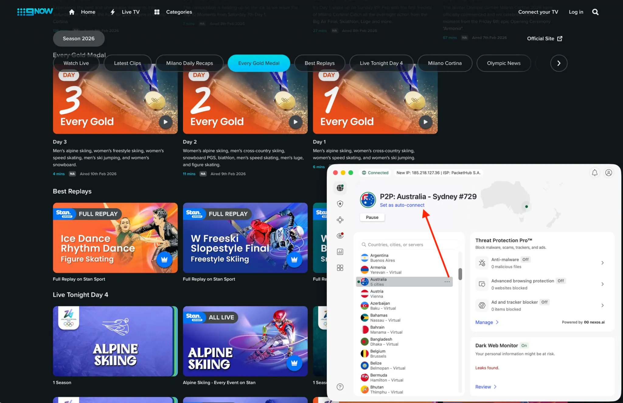 nordvpn-working-9now-australia | Venclikovi.com NordVPN connected to a Sydney server unlocking 9Now to stream Winter Olympics replays and live events