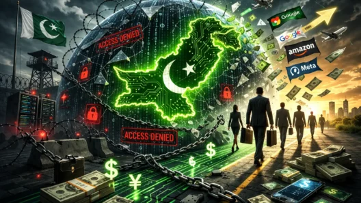 Glowing circuit board map of Pakistan trapped inside a massive digital firewall dome while corporate executives and global capital symbols leave toward a bright horizon