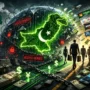 Glowing circuit board map of Pakistan trapped inside a massive digital firewall dome while corporate executives and global capital symbols leave toward a bright horizon