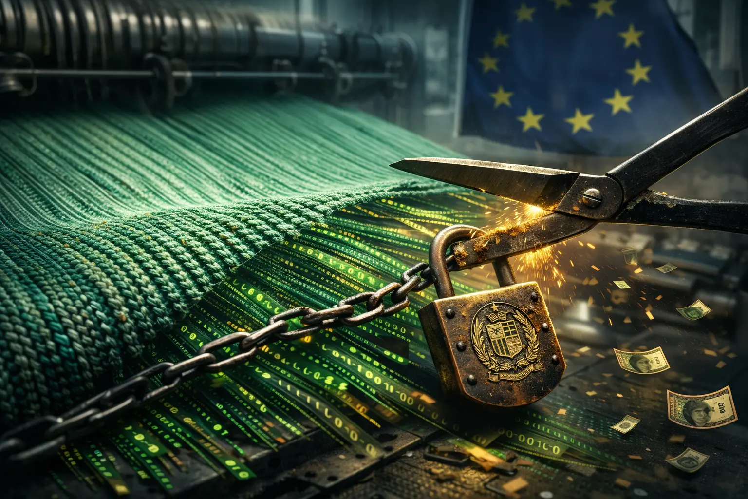 pakistan-textile-industry-digital-lock-gsp-trade-risk | Venclikovi.com Close-up of green textile fabric transforming into digital data streams locked by a heavy padlock with blurred European Union flag in the background