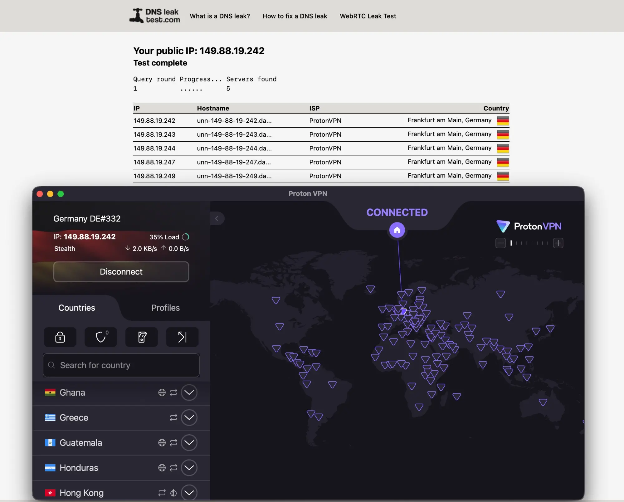protonvpn-dns-leak-test-no-leak | Venclikovi.com DNS leak test with ProtonVPN Stealth active. All 5 DNS servers resolve through ProtonVPN infrastructure in Frankfurt am Main, Germany. No real IP or ISP visible. No leak detected. Tested February 2026