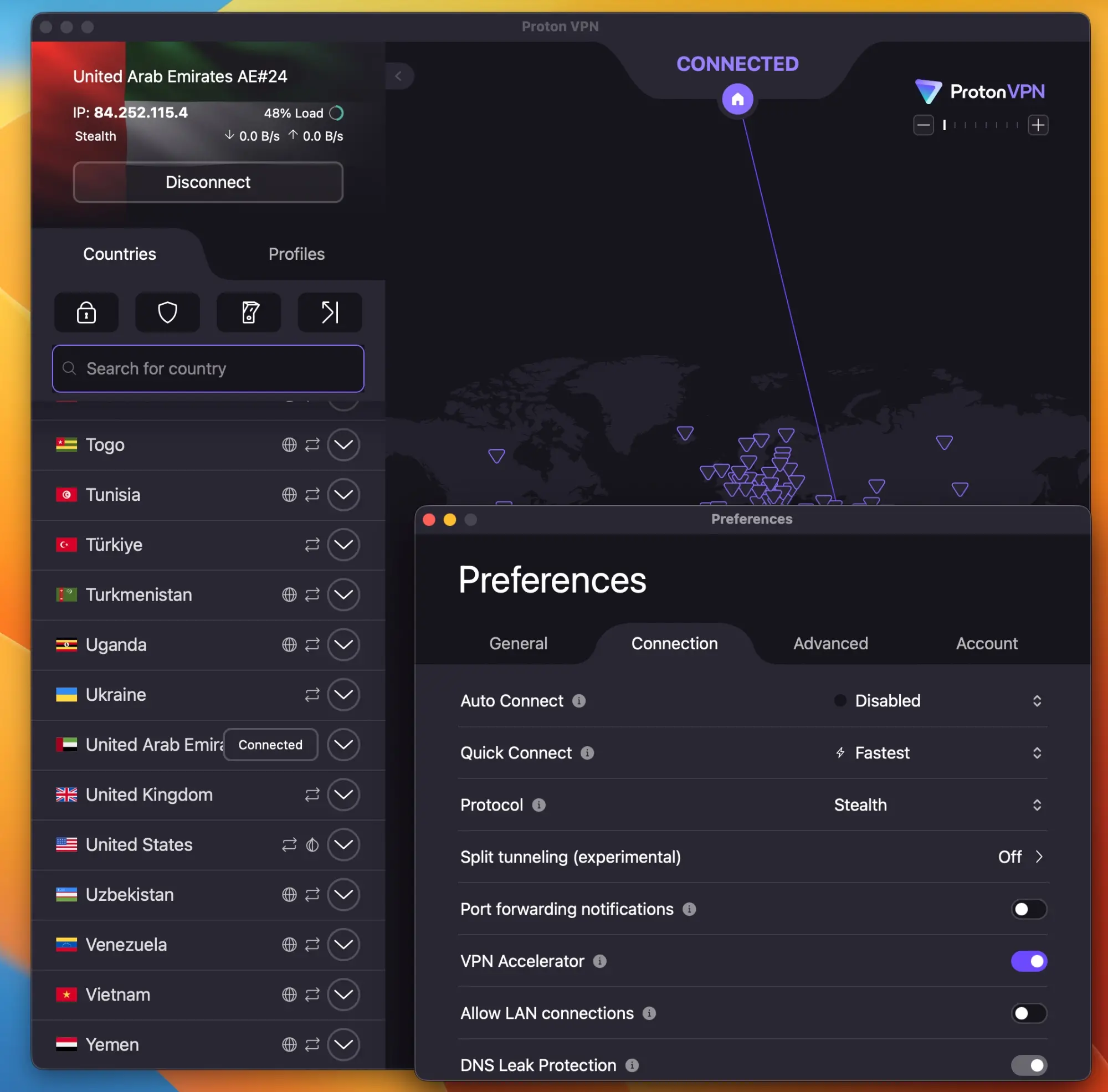 protonvpn-stealth-protocol-settings-uae | Venclikovi.com ProtonVPN Preferences → Connection → Protocol: Stealth. DNS Leak Protection is ON by default. Connected to UAE AE#24 (84.252.115.4, 48% load). Tested February 2026.