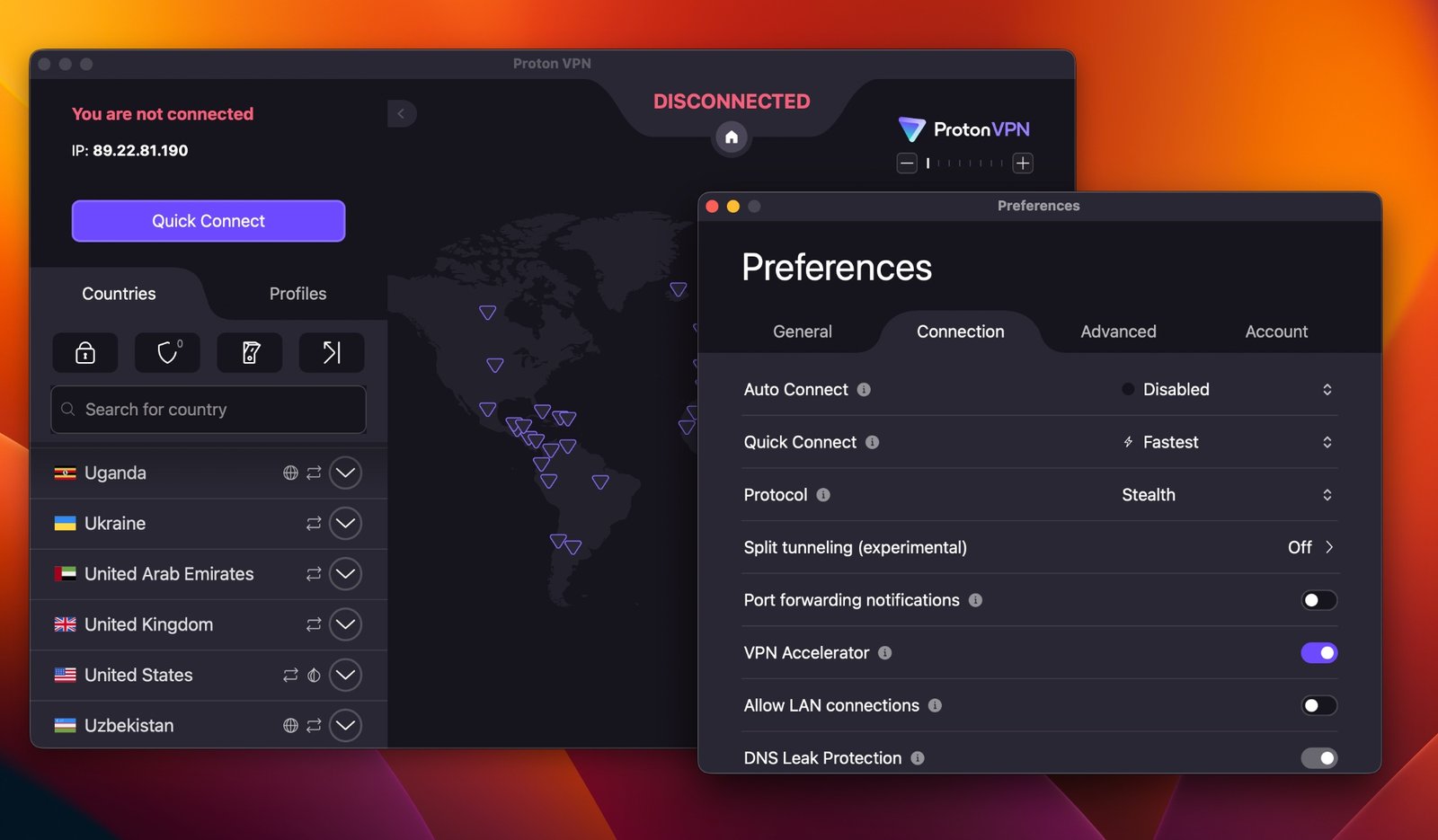 protonvpn-stealth-protocol-settings | Venclikovi.com ProtonVPN Preferences → Connection tab. Protocol set to Stealth — the recommended setting for Pakistan. DNS Leak Protection visible at the bottom. February 2026.