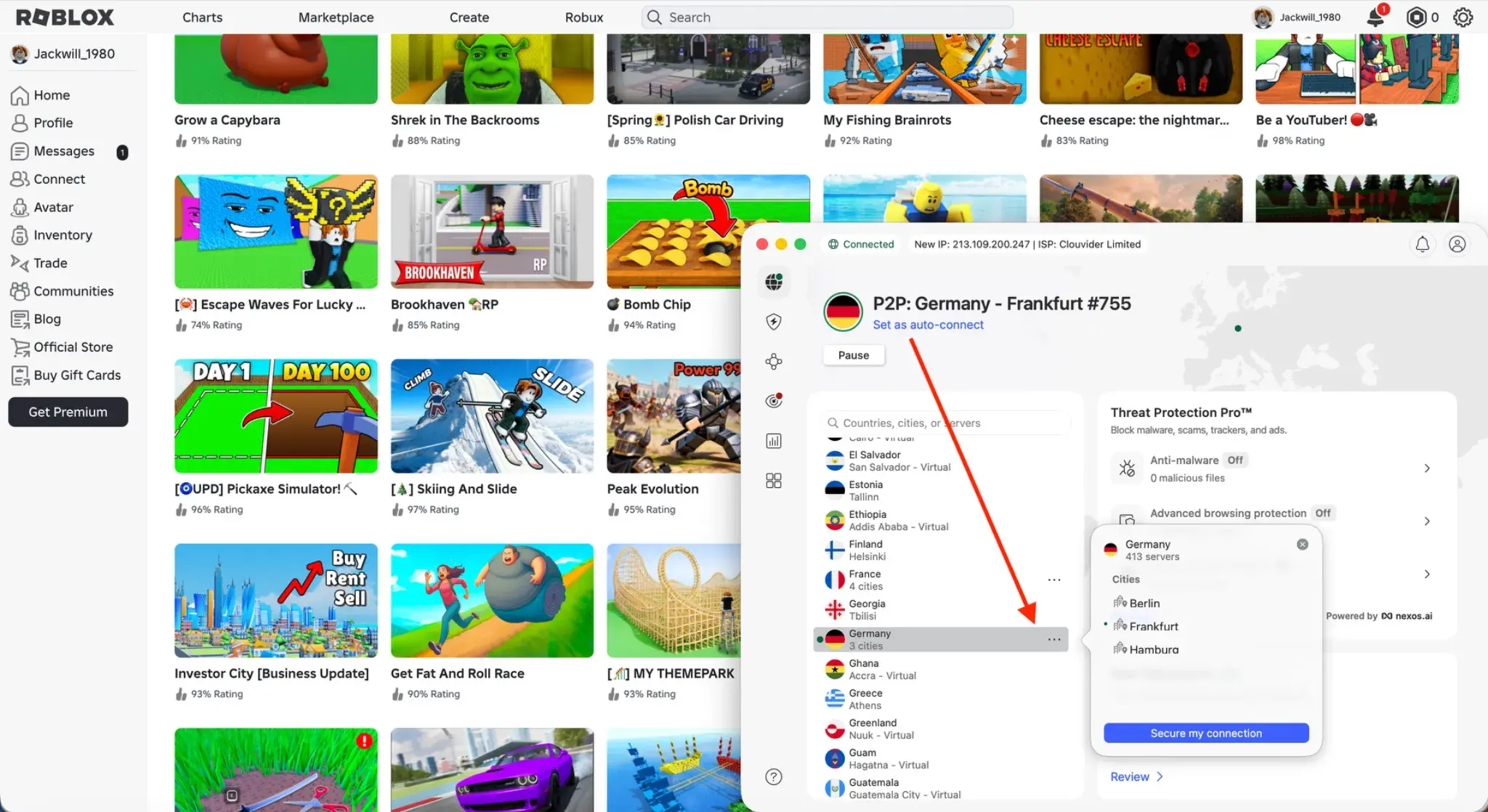 roblox-play-turkey-nordvpn germany ip address | Venclikovi.com Roblox game dashboard loaded in Turkey using NordVPN with a German IP address