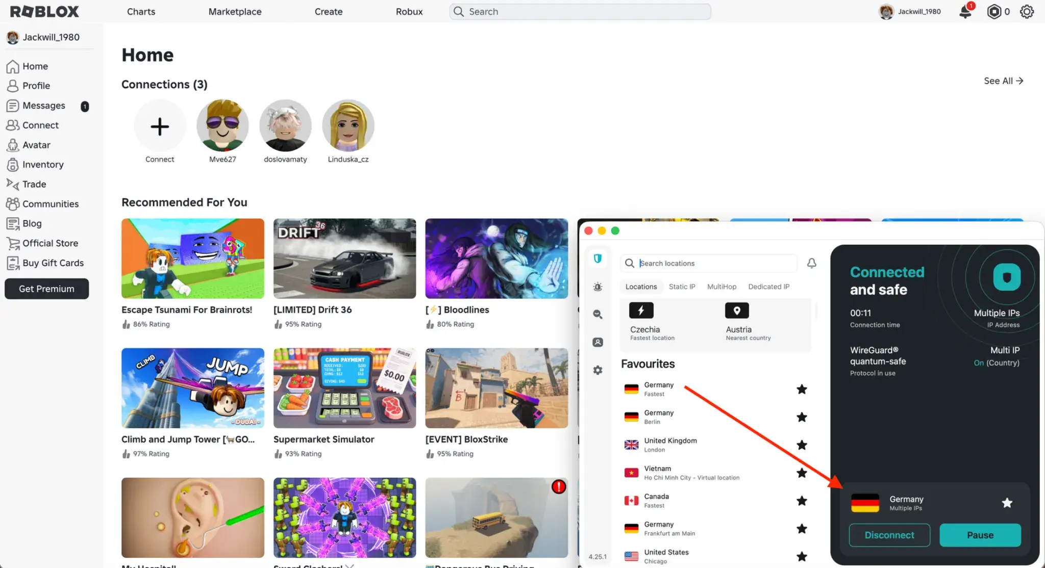 roblox-play-turkey-surfshark vpn germany ip address | Venclikovi.com Surfshark VPN connected to Germany while Roblox is fully accessible from Turkey
