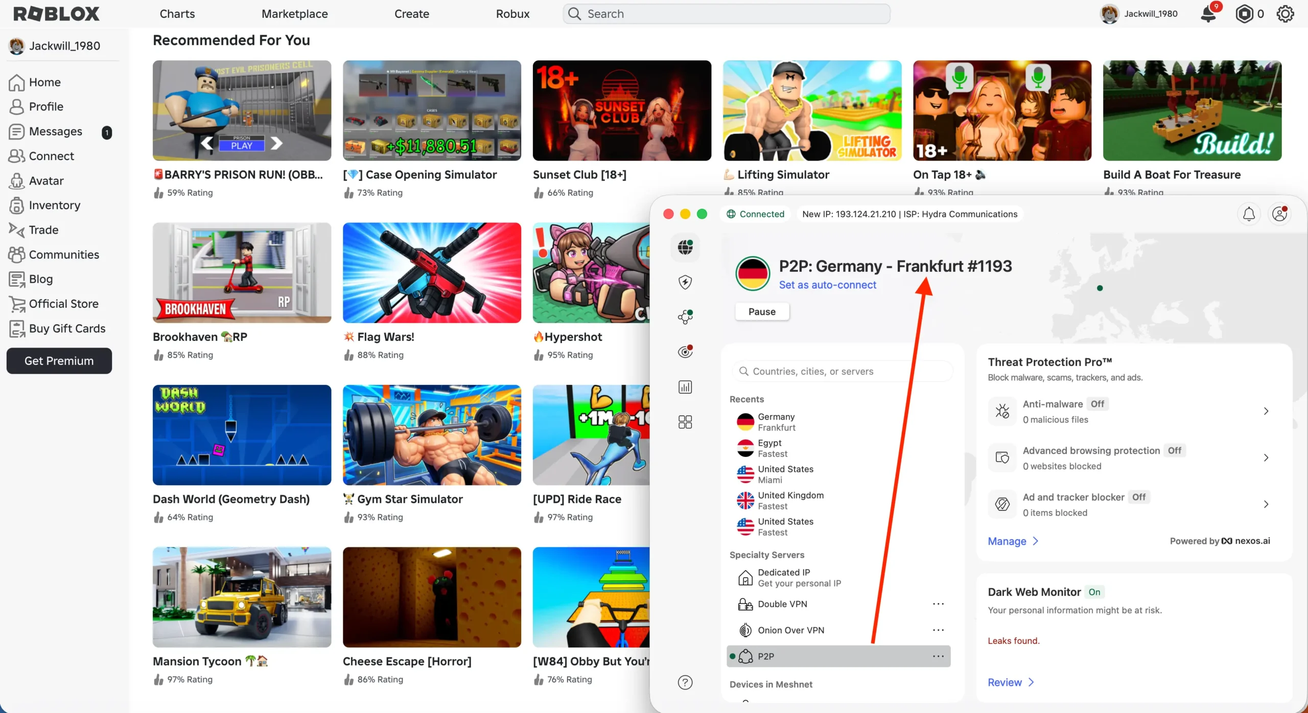 roblox-vpn-connected-germany-frankfurt | Venclikovi.com Screenshot showing Roblox working while connected to a NordVPN server in Frankfurt, Germany, demonstrating how to bypass the Roblox ban in Egypt.