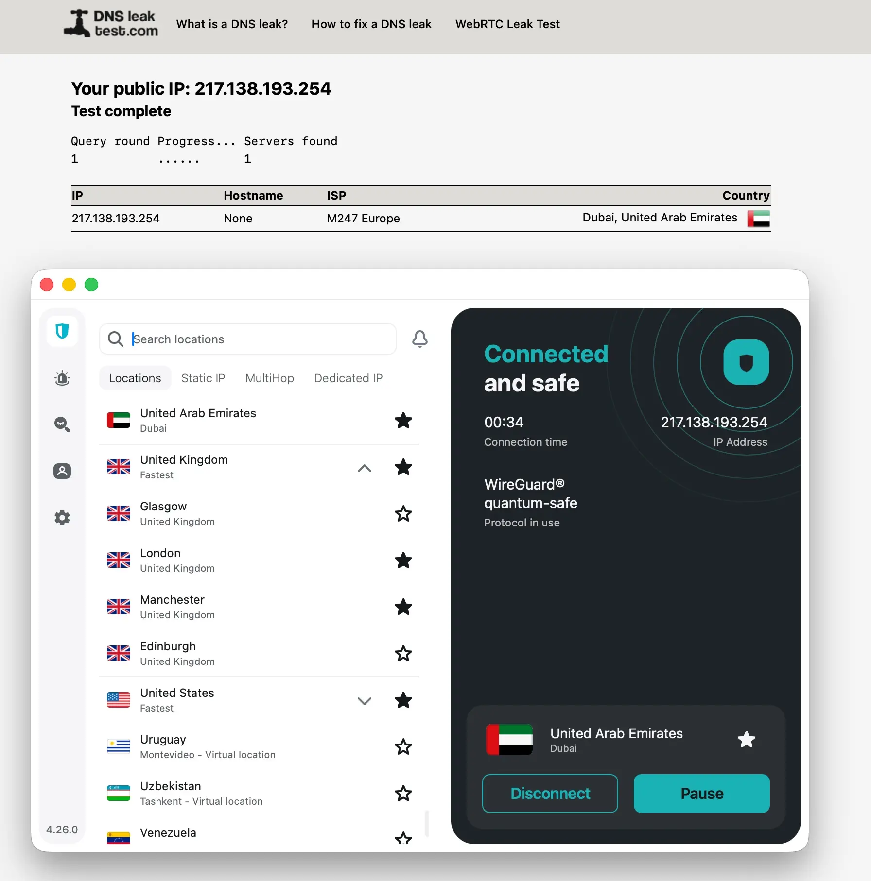surfshark-dns-leak-test-dubai-uae | Venclikovi.com DNS leak test with Surfshark on UAE Dubai server. Single DNS entry: 217.138.193.254, M247 Europe, Dubai United Arab Emirates. No home IP, no Czech DNS. Clean result.