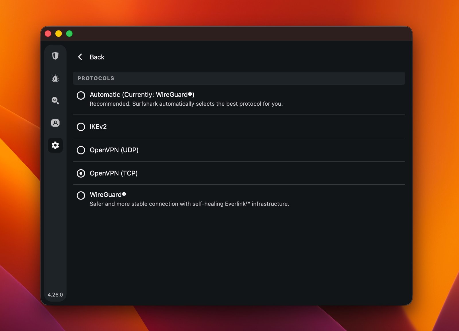 surfshark-openvpn-tcp-camouflage-mode | Venclikovi.com Surfshark Settings → Protocols. OpenVPN (TCP) selected — this automatically activates Camouflage Mode which disguises VPN traffic as regular HTTPS. Required setting for Pakistan. February 2026.