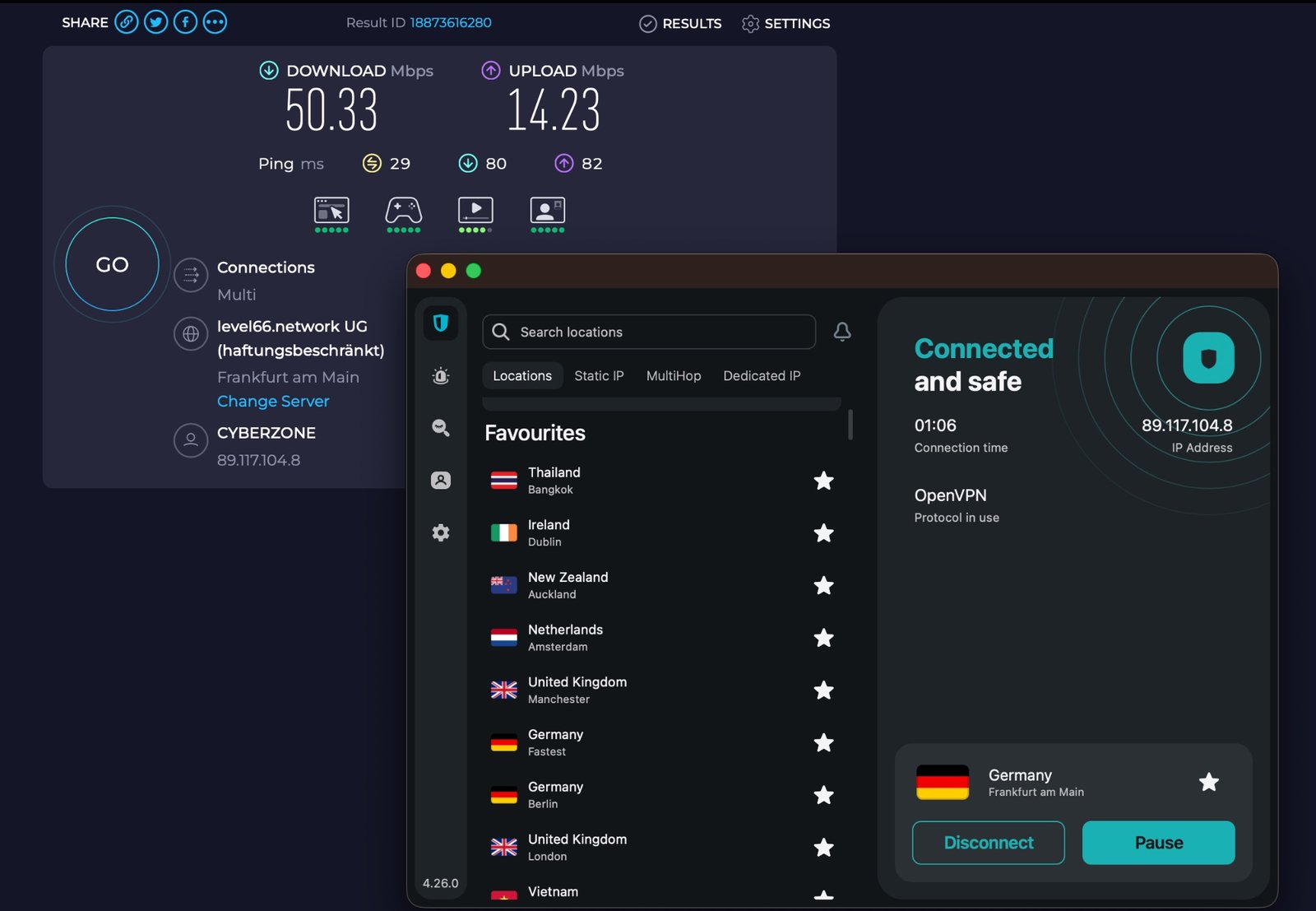 surfshark-speed-test-frankfurt-openvpn | Venclikovi.com Surfshark connected to Germany – Frankfurt am Main via OpenVPN (Camouflage Mode active). Speed test: 50.33 Mbps download, 14.23 Mbps upload, ping 29ms. Tested from Prague, February 2026.