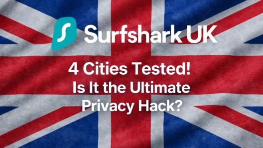 Surfshark UK promotional banner with Union Jack background and headline about testing four UK server cities for privacy.