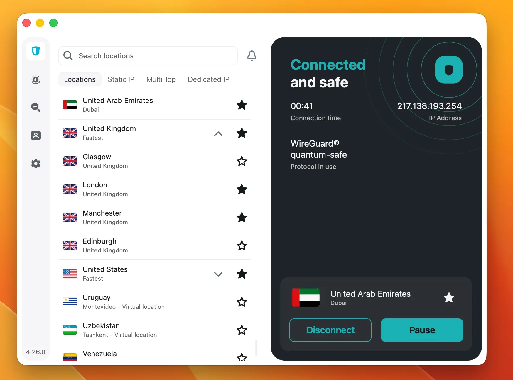 surfshark-wireguard-quantum-safe-dubai | Venclikovi.com Surfshark connected to United Arab Emirates — Dubai (217.138.193.254, WireGuard quantum-safe protocol). Connection time 41 seconds. IP address visible confirms UAE server.
