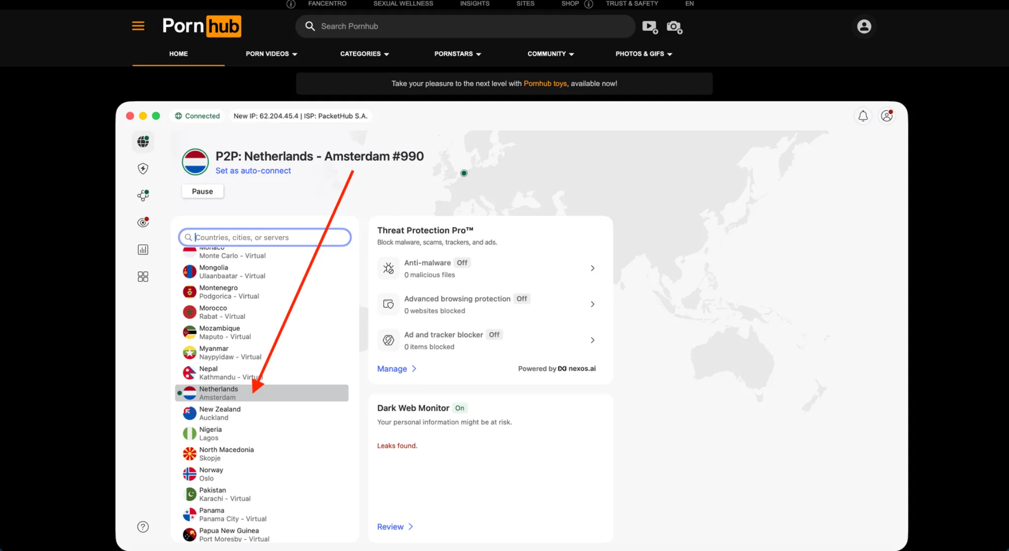 unblock-pornhub-vpn-netherlands | Venclikovi.com VPN connected to a Netherlands server in Amsterdam while accessing Pornhub from a restricted location