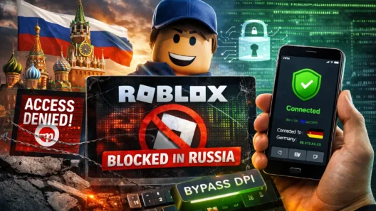 Roblox blocked in Russia with a VPN connection active on a smartphone, showing how players bypass restrictions using VPN or DPI bypass tools.