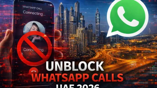 WhatsApp call blocked in Dubai UAE with smartphone connecting screen and city skyline showing VPN solution concept