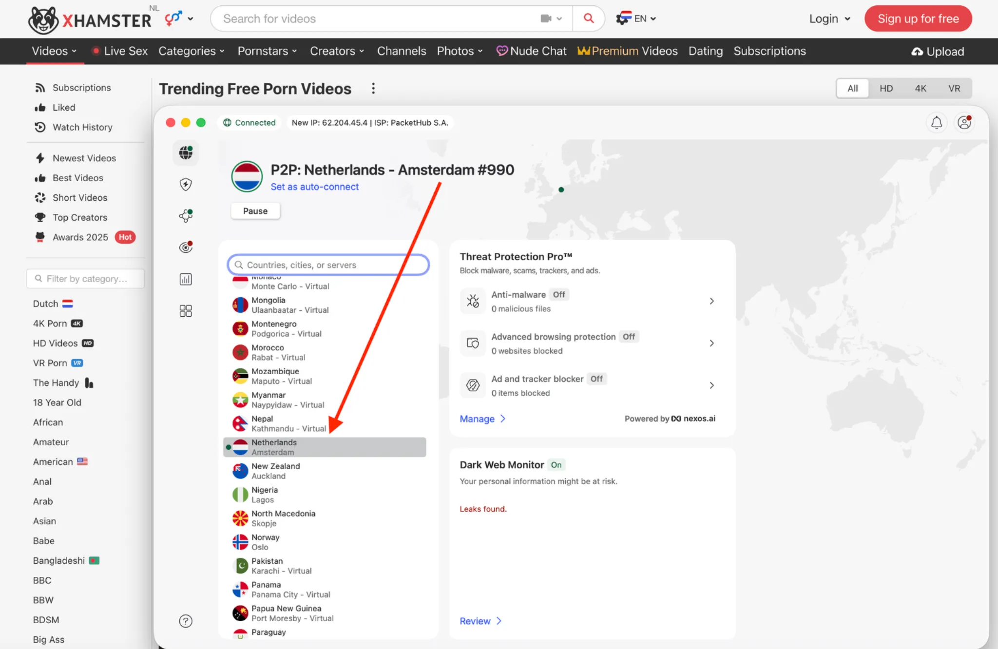 unblock-xhamster-vpn-netherlands | Venclikovi.com VPN connected to a Netherlands server while accessing xHamster from a region with content restrictions
