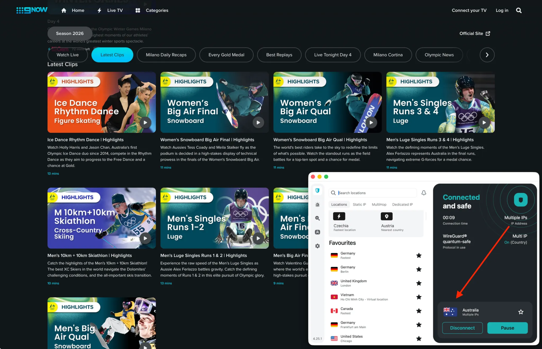 vpn-unlocks-9now-highlights | Venclikovi.com SurfShark connected to an Australian server, showing 9Now Olympic highlight clips unlocked and streaming