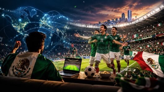 Mexican national team celebrates a goal on the field as fans wave flags, with a laptop, soccer ball, and chips on a table in the foreground and a digital world map in the background.